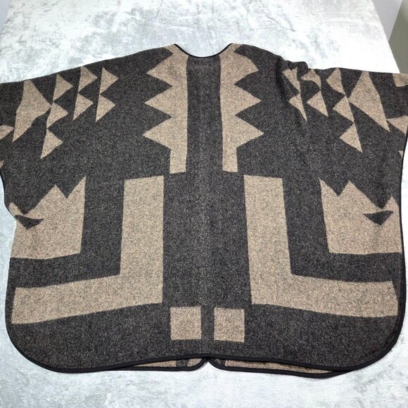 Talbots Cape Medium Gray Tan Wool Blend Zip Up Boho Southwestern Poncho - Picture 10 of 10